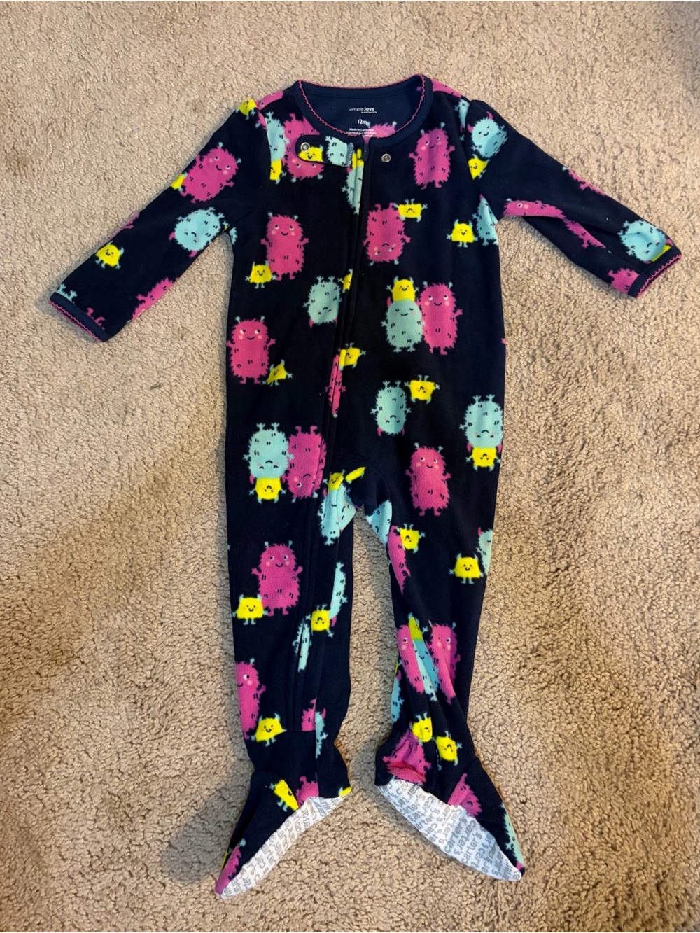 Carter's Navy Footed Pajama Set with Pink Aqua and Yellow Monsters